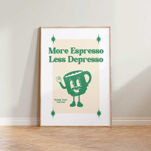 Retro Wall Art, More Espresso Less Depresso Poster, Print, Decor, Funny Quote Cartoon Kitchen Decor - image 1
