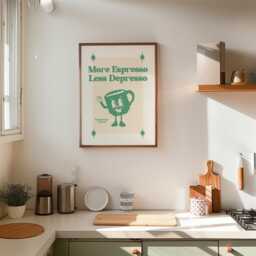Retro Wall Art, More Espresso Less Depresso Poster, Print, Decor, Funny Quote Cartoon Kitchen Decor - thumbnail 3