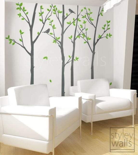 Tree Wall Decal, Forest Trees & Birds Winter Nature Vinyl Home Decor Sticker - image 1