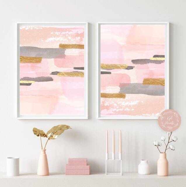 Blush Pink Abstract Prints Gold & Gray Wall Art - Set Of 2