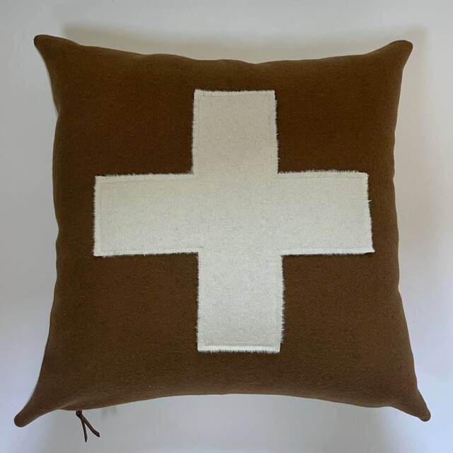 Swisscross Pillow Cover Camel Brown With Cream Cross Exposed Zipper-Leather Pull 20x20 Or 24x14 Lumbar Handmade - image 1