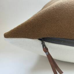 Swisscross Pillow Cover Camel Brown With Cream Cross Exposed Zipper-Leather Pull 20x20 Or 24x14 Lumbar Handmade - thumbnail 2