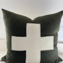 Swisscross Pillow Cover Camel Brown With Cream Cross Exposed Zipper-Leather Pull 20x20 Or 24x14 Lumbar Handmade - thumbnail 4