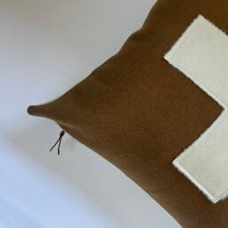 Swisscross Pillow Cover Camel Brown With Cream Cross Exposed Zipper-Leather Pull 20x20 Or 24x14 Lumbar Handmade - thumbnail 3