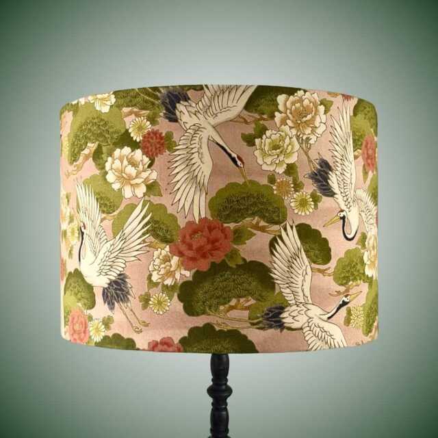 Japanese Cranes Blush Pink Lampshade With Coral & Ivory Florals & Pine Trees - image 1