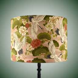 Japanese Cranes Blush Pink Lampshade With Coral & Ivory Florals & Pine Trees - thumbnail 1
