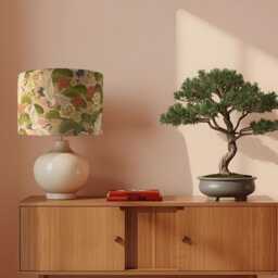 Japanese Cranes Blush Pink Lampshade With Coral & Ivory Florals & Pine Trees - thumbnail 2