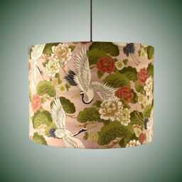 Japanese Cranes Blush Pink Lampshade With Coral & Ivory Florals & Pine Trees - thumbnail 3