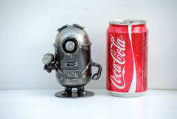 Handmade Metal Mini Robot Sculpture, Recycled Steel Art Figure, 6Th Anniversary Gift