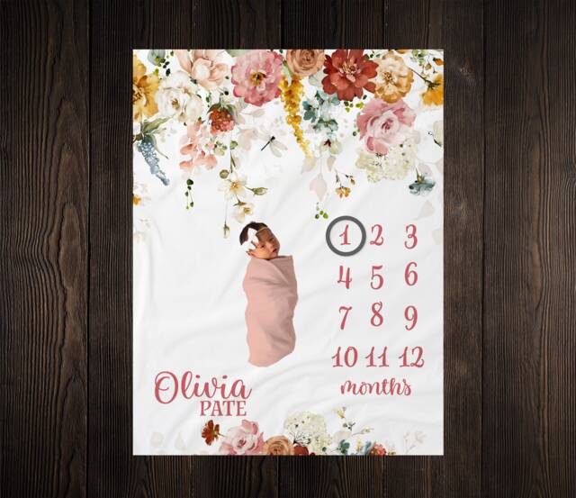 Floral Milestone Blanket, Baby Month Girl Blanket Track Growth Keepsake Shower Gift - image 1