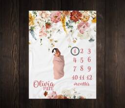 Floral Milestone Blanket, Baby Month Girl Blanket Track Growth Keepsake Shower Gift - thumbnail 1