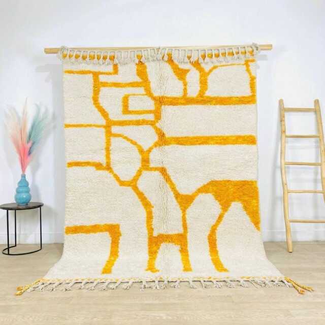 Moroccan White & Yellow Berber Rug, Boho Nursery Authentic Beni Ourain Carpet, Large Area Handwoven Wool Shag Rug - image 1