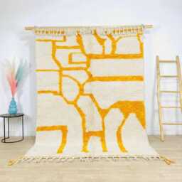 Moroccan White & Yellow Berber Rug, Boho Nursery Authentic Beni Ourain Carpet, Large Area Handwoven Wool Shag Rug