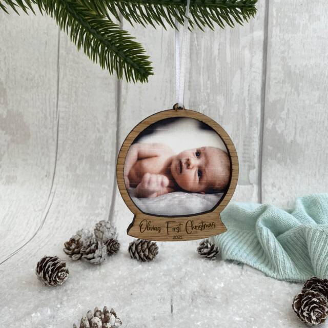 Personalized Baby's First Christmas Photo Bauble Oak Polaroid