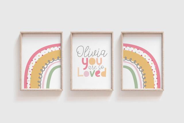 Set Of 3 Girls Nursery Prints, Rainbow Wall Art, Playroom, You Are Loved, Bedroom Art - image 1
