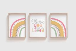 Set Of 3 Girls Nursery Prints, Rainbow Wall Art, Playroom, You Are Loved, Bedroom Art - thumbnail 1