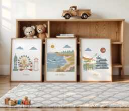 Travel Nursery Art Print London, Lake Michigan, Tokyo Set Of 3 Prints - thumbnail 1