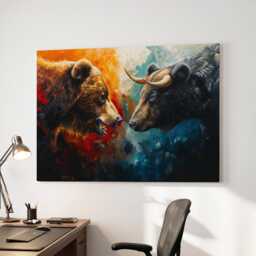 Bear Vs Bull Stock Market Wall Street Trading Painting Finance Inspirational Framed Canvas Art Poster Print Home & Office Room Decor - thumbnail 1