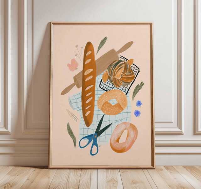 Bakery Kitchen Poster, Rustic Bread Wall Art, Retro Baking Print, Cozy Food Illustration, Warm Vintage Decor Poster - image 1