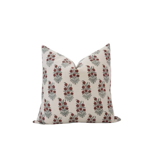 Evelyn -- Dark Red Floral Linen Pillow Cover Block Print Designer Modern Red-Brown Cottage - image 1