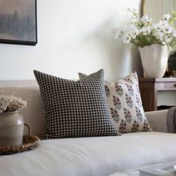 Evelyn -- Dark Red Floral Linen Pillow Cover Block Print Designer Modern Red-Brown Cottage - thumbnail 2