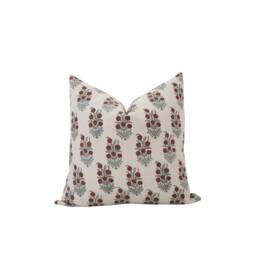 Evelyn -- Dark Red Floral Linen Pillow Cover Block Print Designer Modern Red-Brown Cottage - thumbnail 1