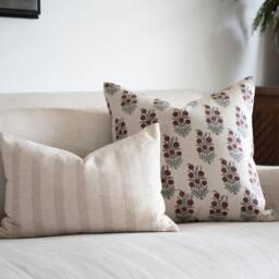 Evelyn -- Dark Red Floral Linen Pillow Cover Block Print Designer Modern Red-Brown Cottage - thumbnail 3