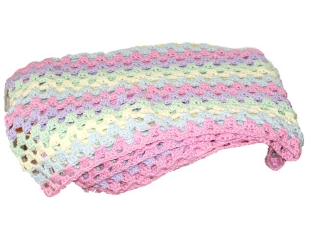 Crochet Baby Afghan, Pastel Rainbow Blanket, Fringe, 38x38 - image 1