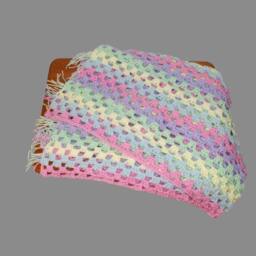 Crochet Baby Afghan, Pastel Rainbow Blanket, Fringe, 38x38 - thumbnail 2