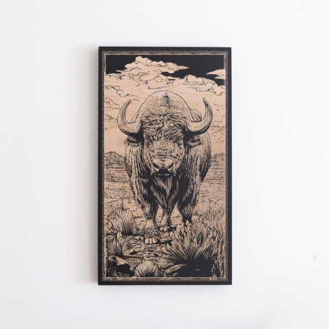 Buffalo Engraved Wooden Art - Western Wall Art, Animal Lover Gift, Birch Panel, Block Print Style Illustration, Desert Home Accent - image 1