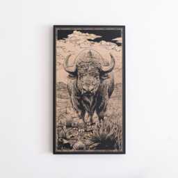 Buffalo Engraved Wooden Art - Western Wall Art, Animal Lover Gift, Birch Panel, Block Print Style Illustration, Desert Home Accent - thumbnail 1