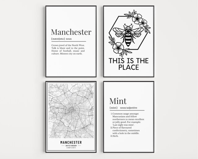 Manchester Prints, Set Of Four Wall Manc Gifts, Definition Print Set, Mancunian 4 Map - image 1