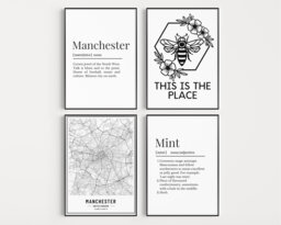 Manchester Prints, Set Of Four Wall Manc Gifts, Definition Print Set, Mancunian 4 Map - thumbnail 1