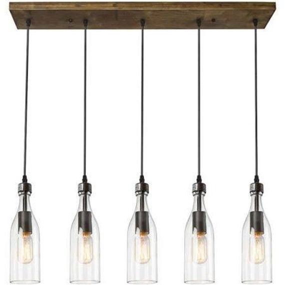 Custom Bottle Chandelier - Industrial Light Fixture Made From 5 Clear Wine Bottles For Home, Hotels, Bars Home Lighting - image 1