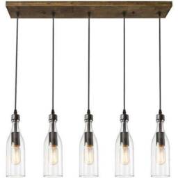 Custom Bottle Chandelier - Industrial Light Fixture Made From 5 Clear Wine Bottles For Home, Hotels, Bars Home Lighting