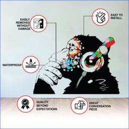 Banksy Thinking Monkey Sticker - Art Vinyl Street Dj Baksy Wall Decal Headphones Chimp Music Thinker Graffiti Mural Boy Smart Decals - thumbnail 3