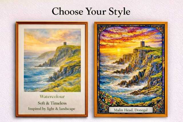 Malin Head Print - Donegal Coastal Wall Art Choose Watercolour Or Stained Glass - image 1