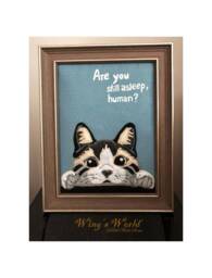 Framed Kitty Fabric Art, Are You Still Asleep Human 6 X 8 Cat Wall Decor, Black & White Felt Art - thumbnail 1