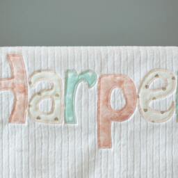 Monogrammed Baby Blanket in Sunset/Metallic Gold, Peach, & Mint Fabric Letters With White Chenille Minky Personalized For Girl - thumbnail 2