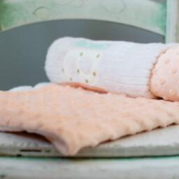 Monogrammed Baby Blanket in Sunset/Metallic Gold, Peach, & Mint Fabric Letters With White Chenille Minky Personalized For Girl - thumbnail 3