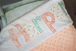 Monogrammed Baby Blanket in Sunset/Metallic Gold, Peach, & Mint Fabric Letters With White Chenille Minky Personalized For Girl - thumbnail 1