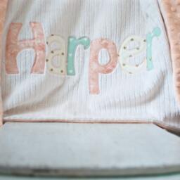 Monogrammed Baby Blanket in Sunset/Metallic Gold, Peach, & Mint Fabric Letters With White Chenille Minky Personalized For Girl - thumbnail 4