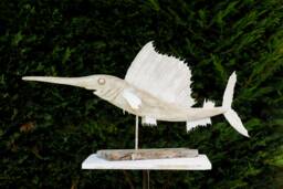Recycled Wood Fish Sculpture - Hand-Carved Glacial White Nautical Art-Free Shipping Customs Included