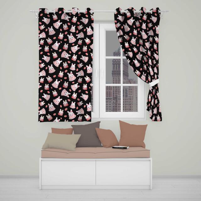 Cute Strawberry Bunny Macaron Dessert Kawaii Black Background Seamless Pattern Readymade Eyelet Ring Top Thermal 100% Blackout Curtains - image 1