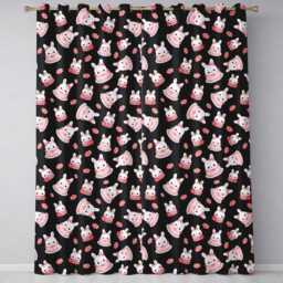 Cute Strawberry Bunny Macaron Dessert Kawaii Black Background Seamless Pattern Readymade Eyelet Ring Top Thermal 100% Blackout Curtains - thumbnail 2