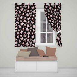 Cute Strawberry Bunny Macaron Dessert Kawaii Black Background Seamless Pattern Readymade Eyelet Ring Top Thermal 100% Blackout Curtains