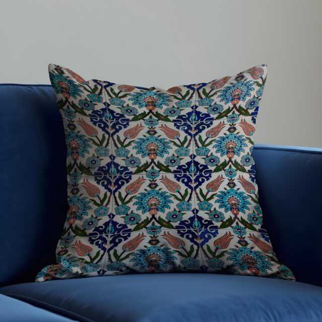 Turkish Tile Cushion Cover, Blue Floral Pattern Decorative Throw Pillowcase, Ottoman Style Sofa Pillow Case - image 1