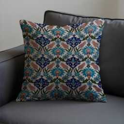Turkish Tile Cushion Cover, Blue Floral Pattern Decorative Throw Pillowcase, Ottoman Style Sofa Pillow Case - thumbnail 3