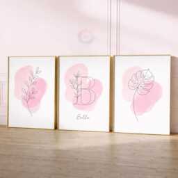 Personalised Girls Botanical Prints - Minimal Pink Nursery Flower Set, Floral Girl Bedroom Wall Art