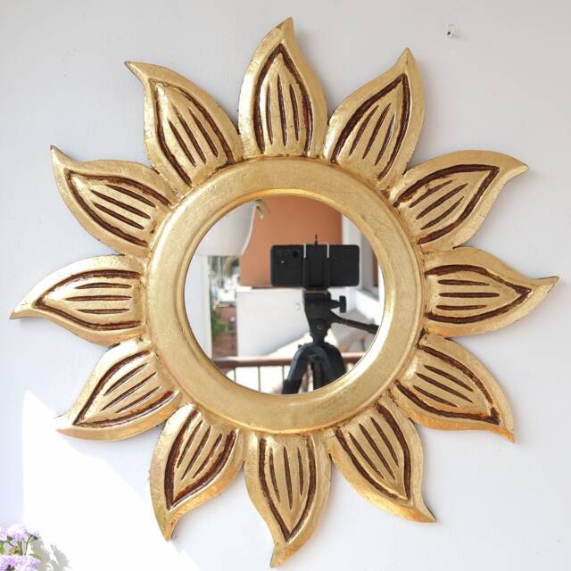 Peruvian Gold Floral Sun Mirror 50 cm Handmade Wall Decor - Carved Wood Round Artistic Statement For Living Room Bathroom - image 1
